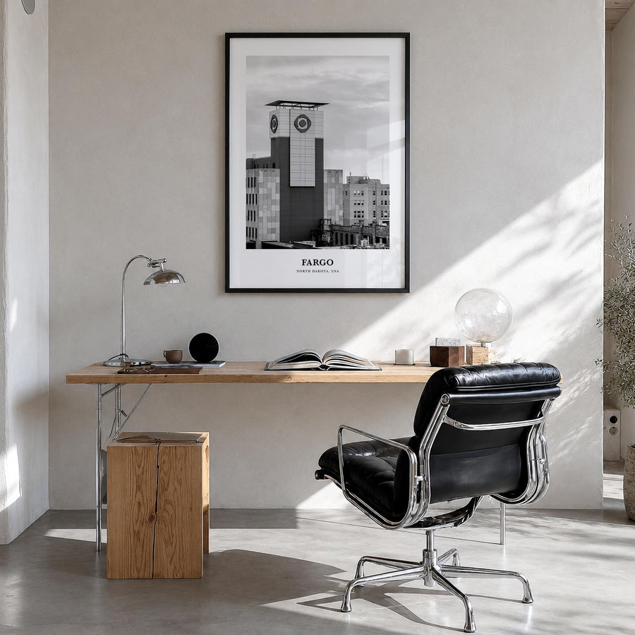 Fargo no. 3 black & white classic poster of North Dakota, USA – vertical wall art in black wood frame, hanging on wall
