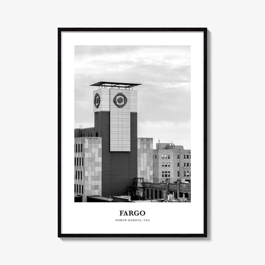Fargo no. 3 black & white classic poster of North Dakota, USA – vertical wall art, unframed print shown in interior mockup