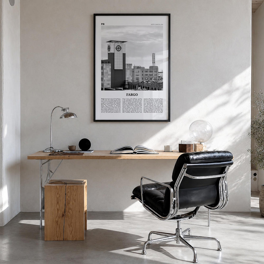 Fargo no. 3 black & white newspaper poster of North Dakota, USA – vertical wall art in black wood frame, hanging on wall