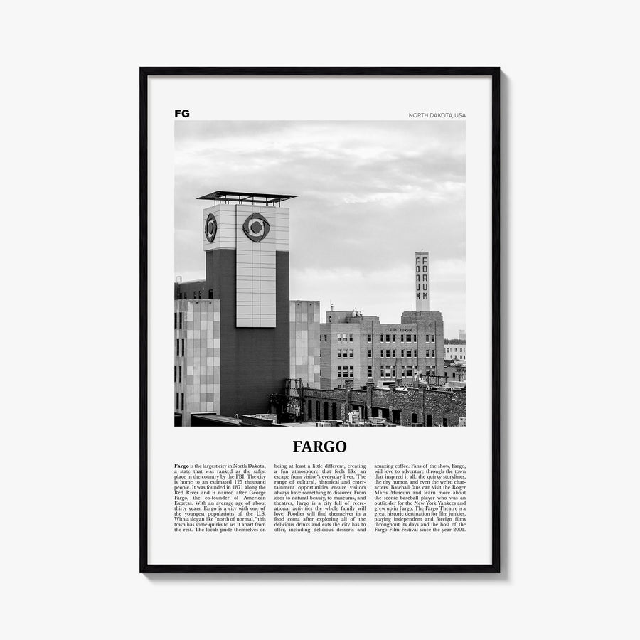 Fargo no. 3 black & white newspaper poster of North Dakota, USA – vertical wall art, unframed print shown in interior mockup