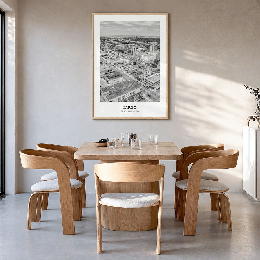 Fargo Classic No 1 Poster in a natural wood frame, hanging in a dining room