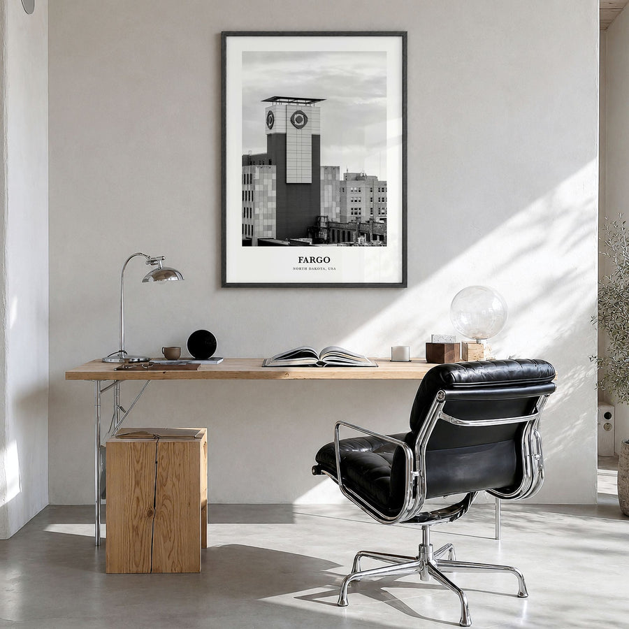 Fargo Classic No 3 Poster in a black wood frame, hanging in a bright home office