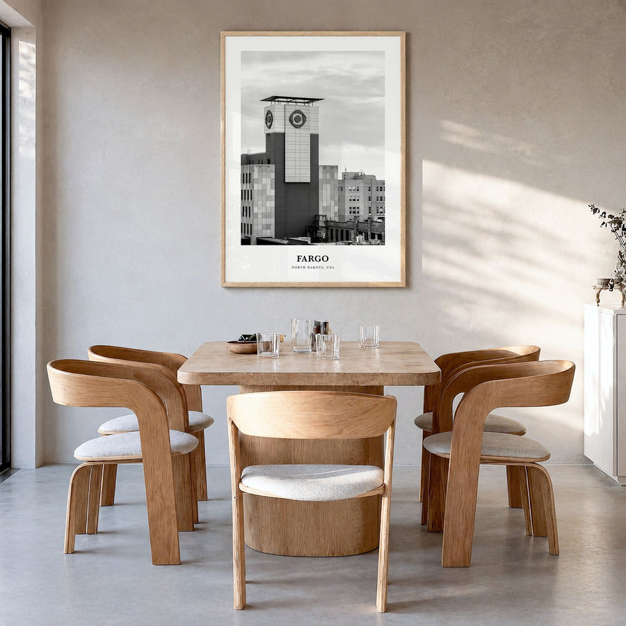 Fargo Classic No 3 Poster in a natural wood frame, hanging in a dining room