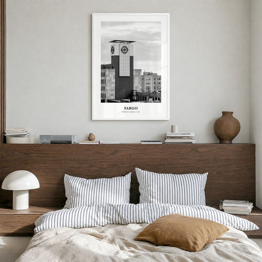 Fargo Classic No 3 Poster in a white wood frame, hanging in a bedroom