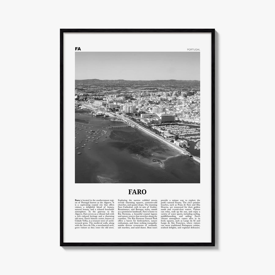 Faro black & white newspaper poster of Portugal – vertical wall art, unframed print shown in interior mockup