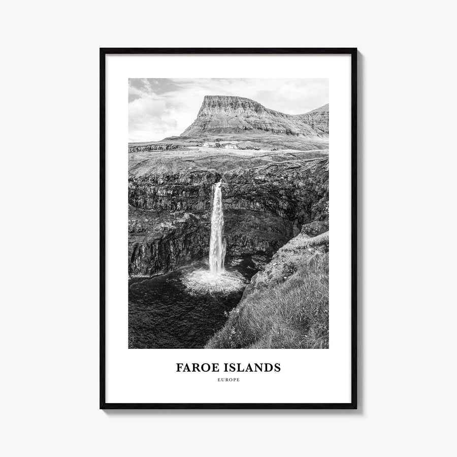 Faroe Islands black & white classic poster of Europe – vertical wall art, unframed print shown in interior mockup