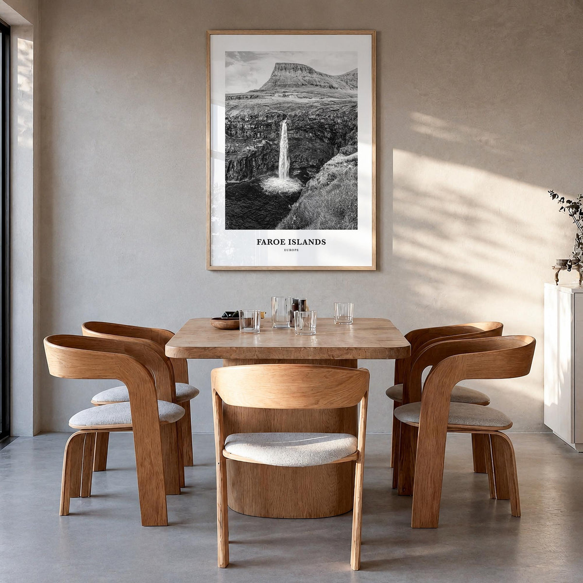 Faroe Islands black & white classic poster of Europe – vertical wall art in natural wood frame, hanging on wall