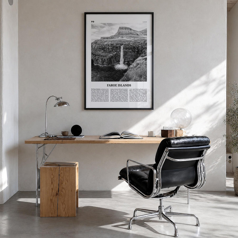 Faroe Islands black & white newspaper poster of Europe – vertical wall art in black wood frame, hanging on wall