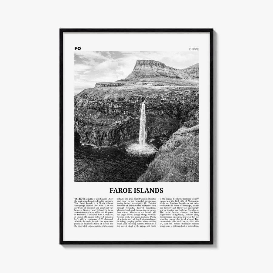 Faroe Islands black & white newspaper poster of Europe – vertical wall art, unframed print shown in interior mockup