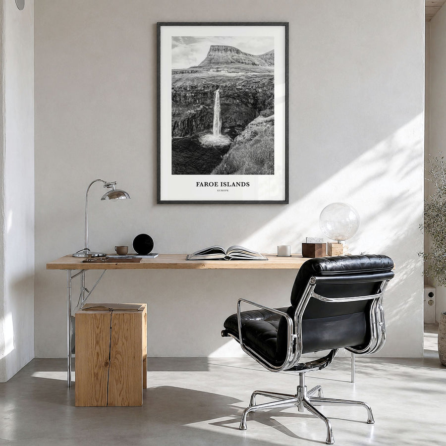 Faroe Islands Classic Poster in a black wood frame, hanging in a bright home office