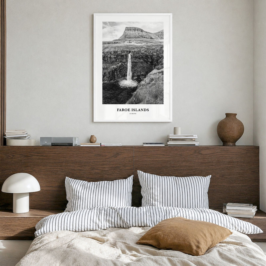Faroe Islands Classic Poster in a white wood frame, hanging in a bedroom