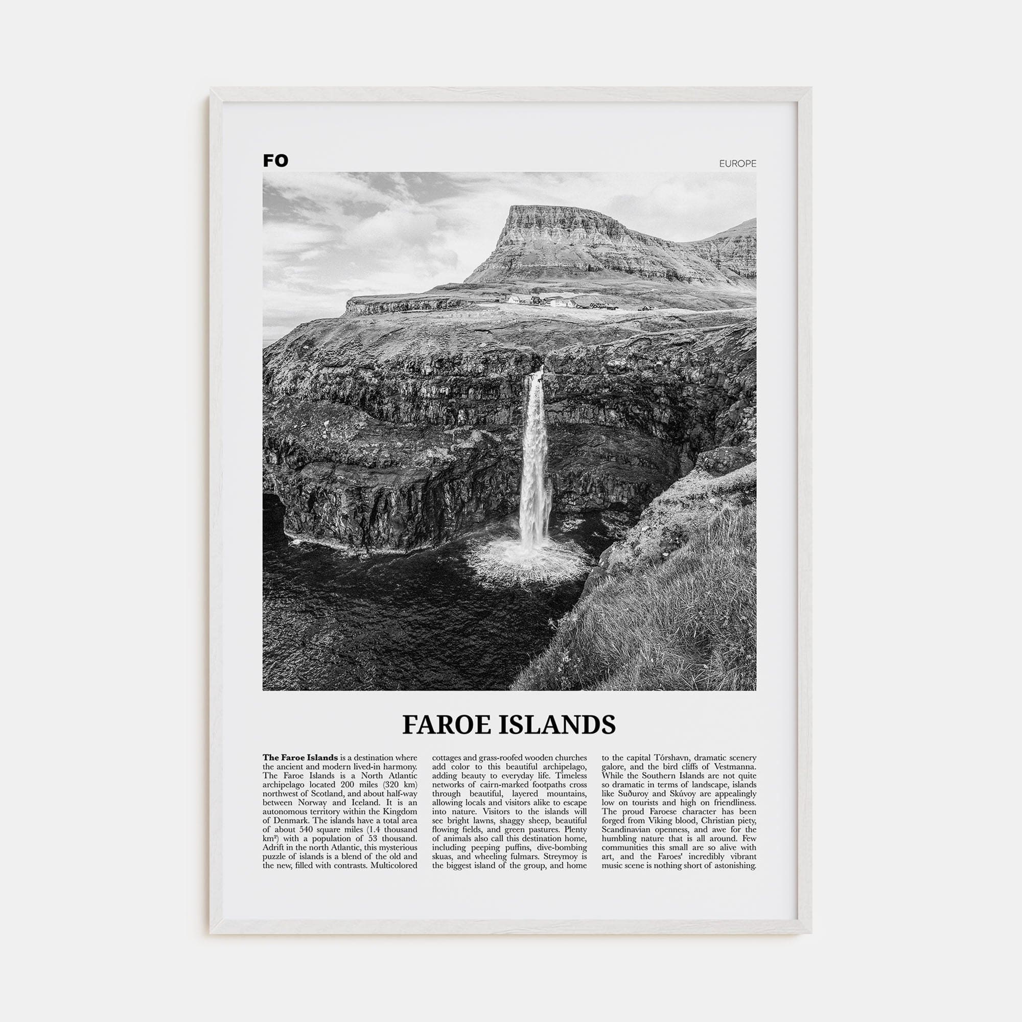 Faroe Islands Poster White Wood / 8x12 in Nbourhood Travel B&W Poster