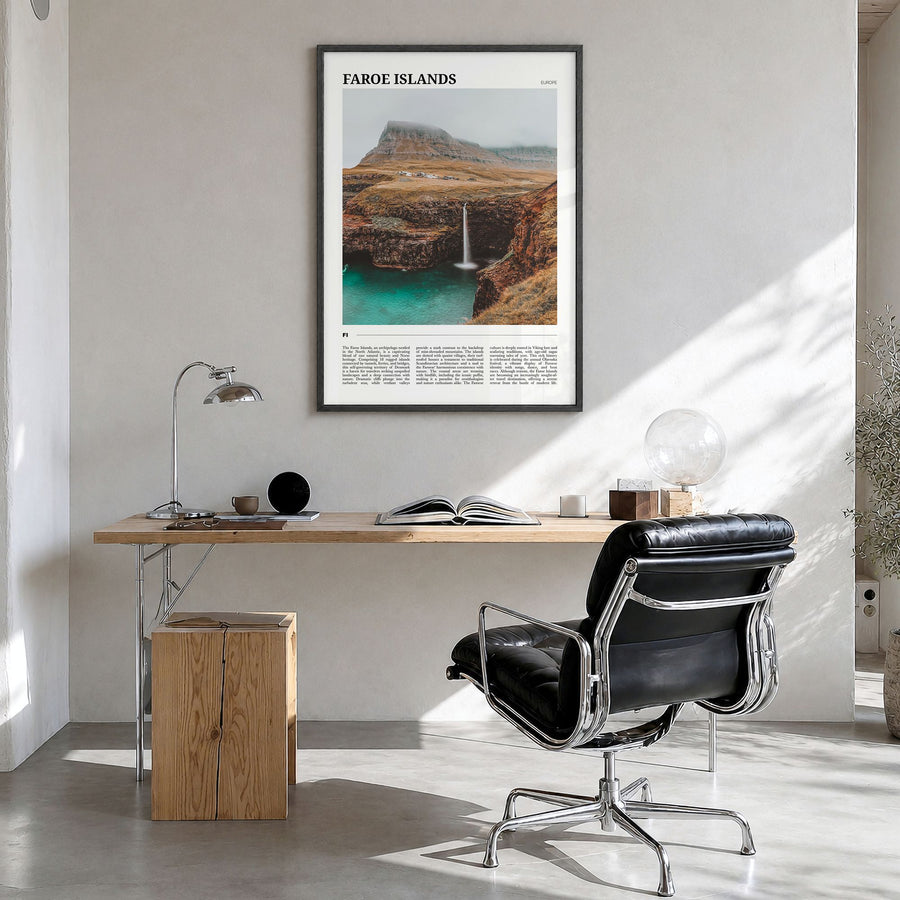 Faroe Islands Travel Poster in a black wood frame, hanging in a bright home office