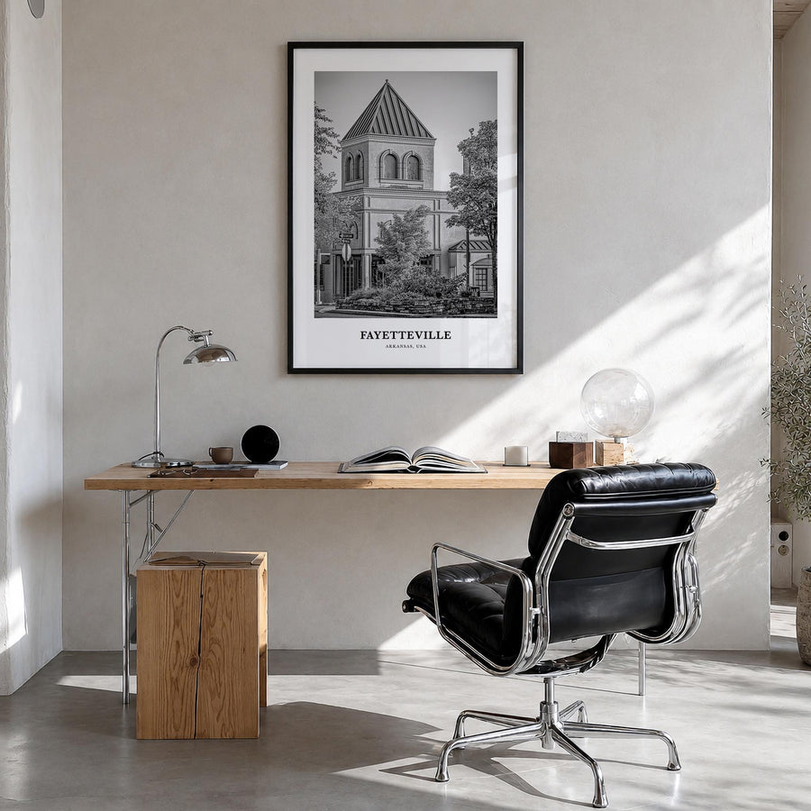 Fayetteville, Arkansas black & white classic poster of Arkansas, USA – vertical wall art in black wood frame, hanging on wall