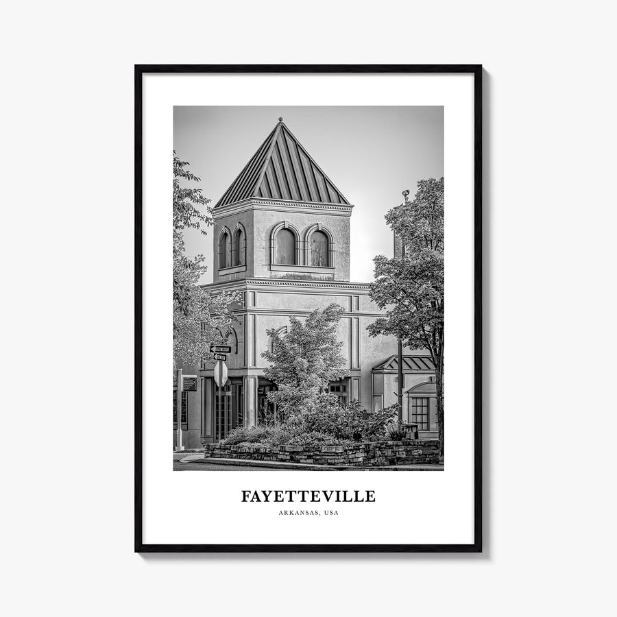 Fayetteville, Arkansas black & white classic poster of Arkansas, USA – vertical wall art, unframed print shown in interior mo