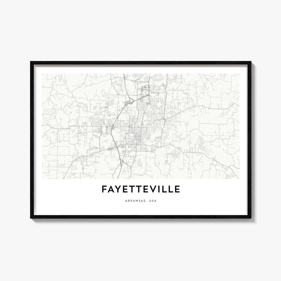 Fayetteville, Arkansas black & white map poster of Arkansas, USA – horizontal wall art, unframed print shown in interior mock