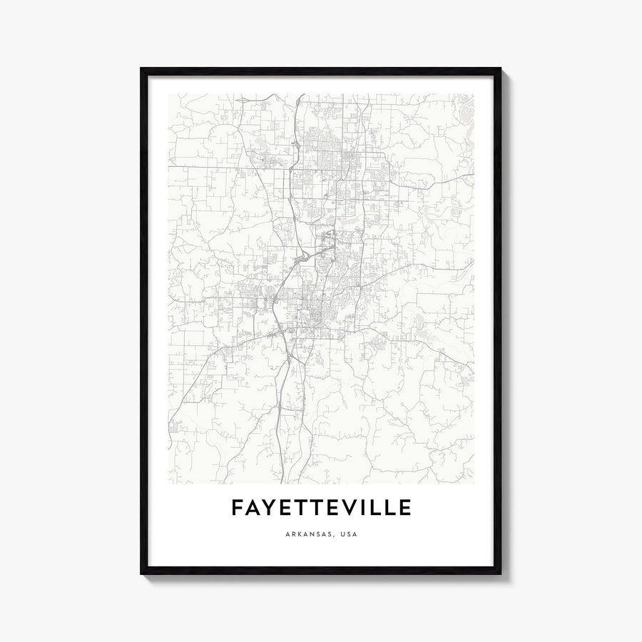 Fayetteville, Arkansas black & white map poster of Arkansas, USA – vertical wall art, unframed print shown in interior mockup
