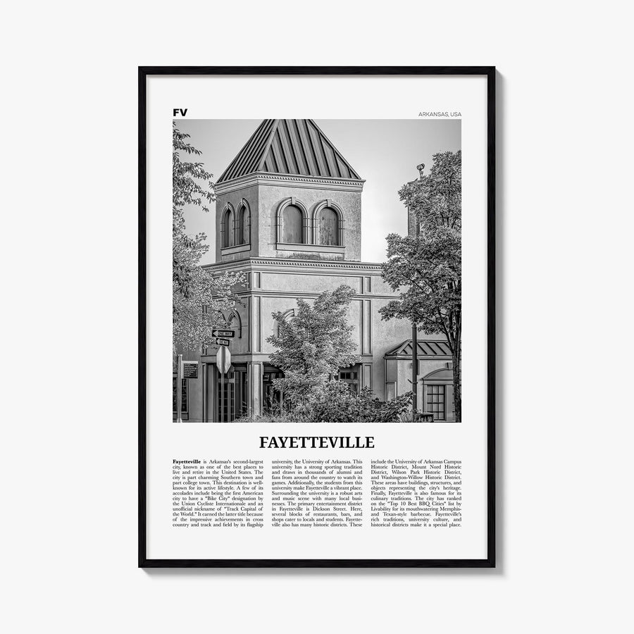 Fayetteville, Arkansas black & white newspaper poster of Arkansas, USA – vertical wall art, unframed print shown in interior 