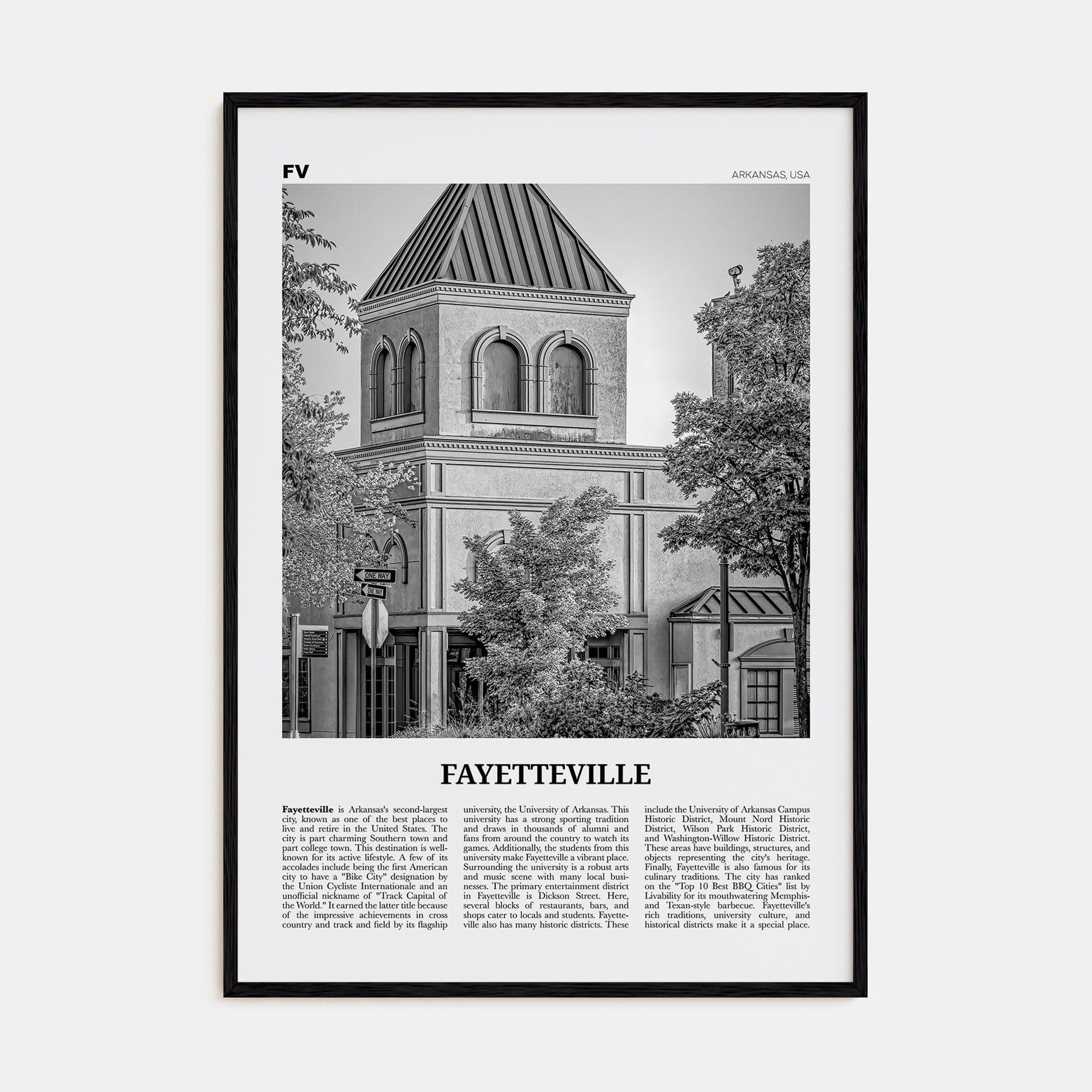 Fayetteville, Arkansas Poster Black Wood / 8x12 in Nbourhood Travel B&W Poster