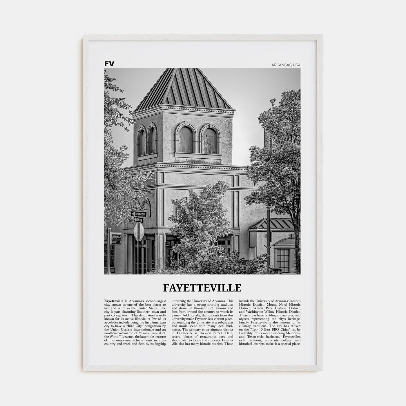 Fayetteville, Arkansas Poster White Wood / 8x12 in Nbourhood Travel B&W Poster