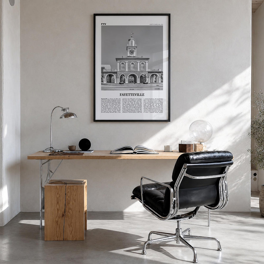 Fayetteville, North Carolina black & white newspaper poster of North Carolina, USA – vertical wall art in black wood frame, h