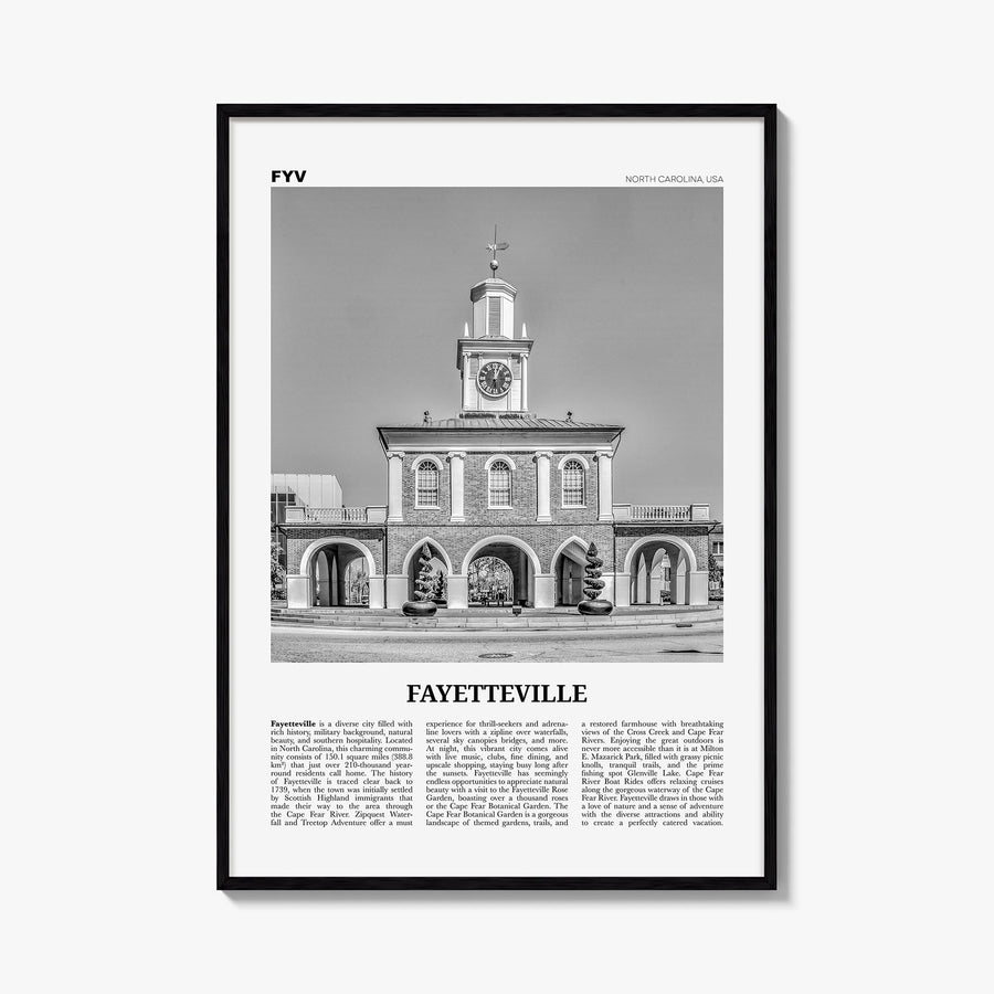 Fayetteville, North Carolina black & white newspaper poster of North Carolina, USA – vertical wall art, unframed print shown 