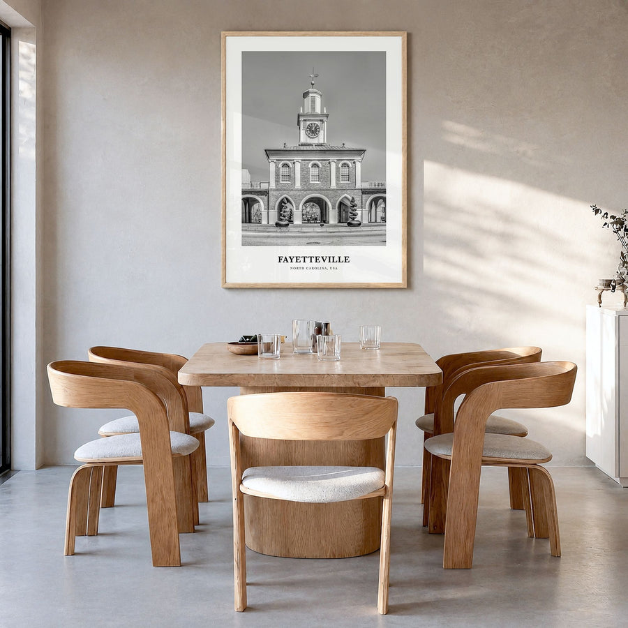 Fayetteville, North Carolina Classic Poster in a natural wood frame, hanging in a dining room