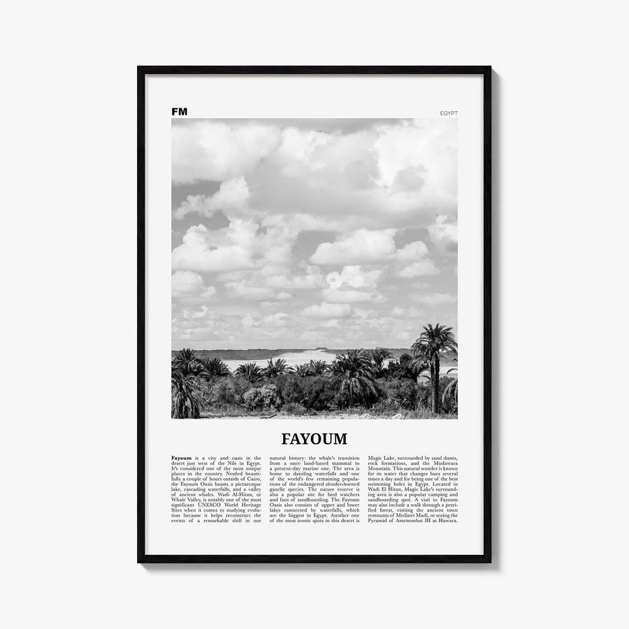 Fayoum black & white newspaper poster of Egypt – vertical wall art, unframed print shown in interior mockup
