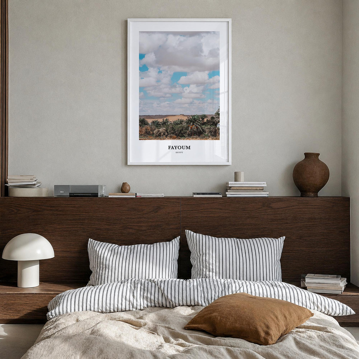 Fayoum colorful classic poster of Egypt – vertical wall art in white wood frame, hanging on wall