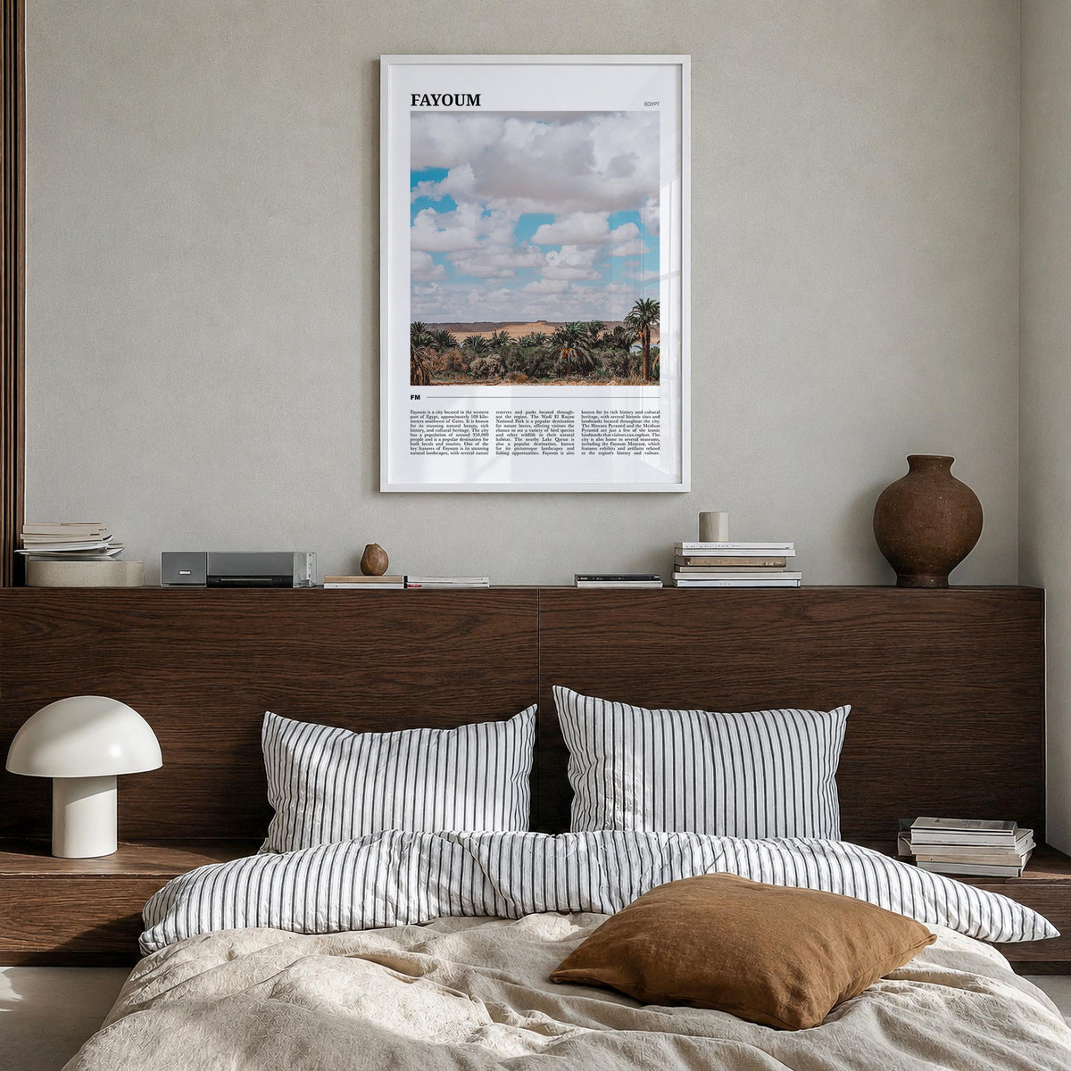 Fayoum colorful travel poster of Egypt – vertical wall art in white wood frame, hanging on wall