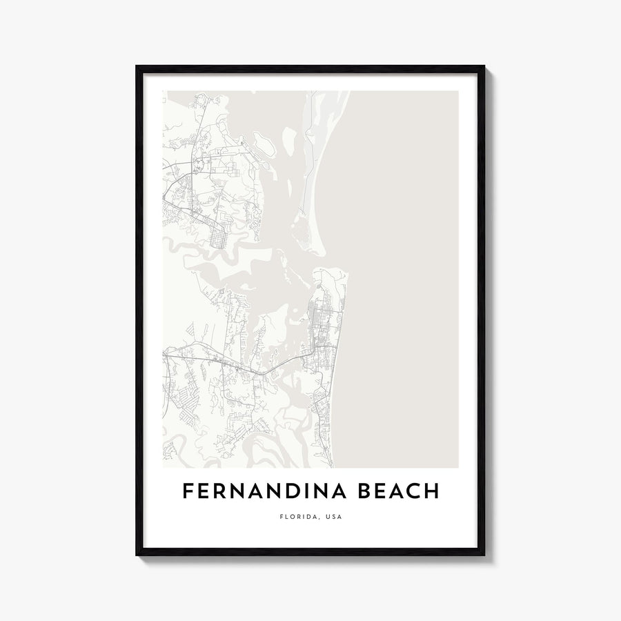 Fernandina Beach black & white map poster of Florida, USA – vertical wall art, unframed print shown in interior mockup