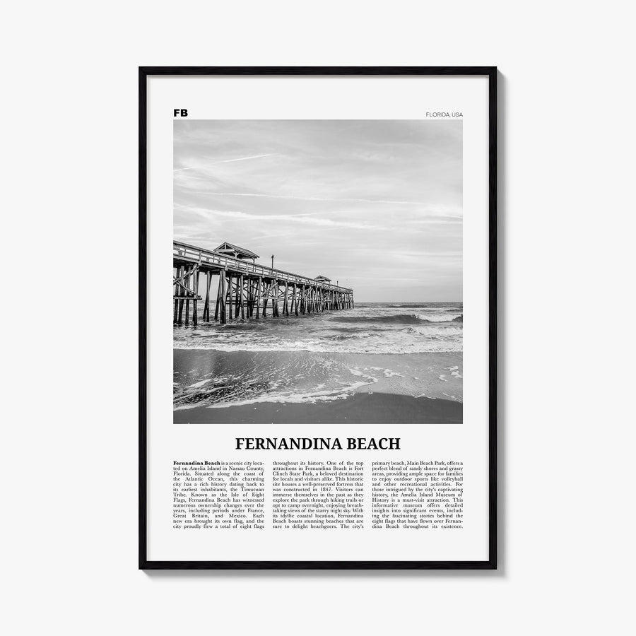 Fernandina Beach black & white newspaper poster of Florida, USA – vertical wall art, unframed print shown in interior mockup