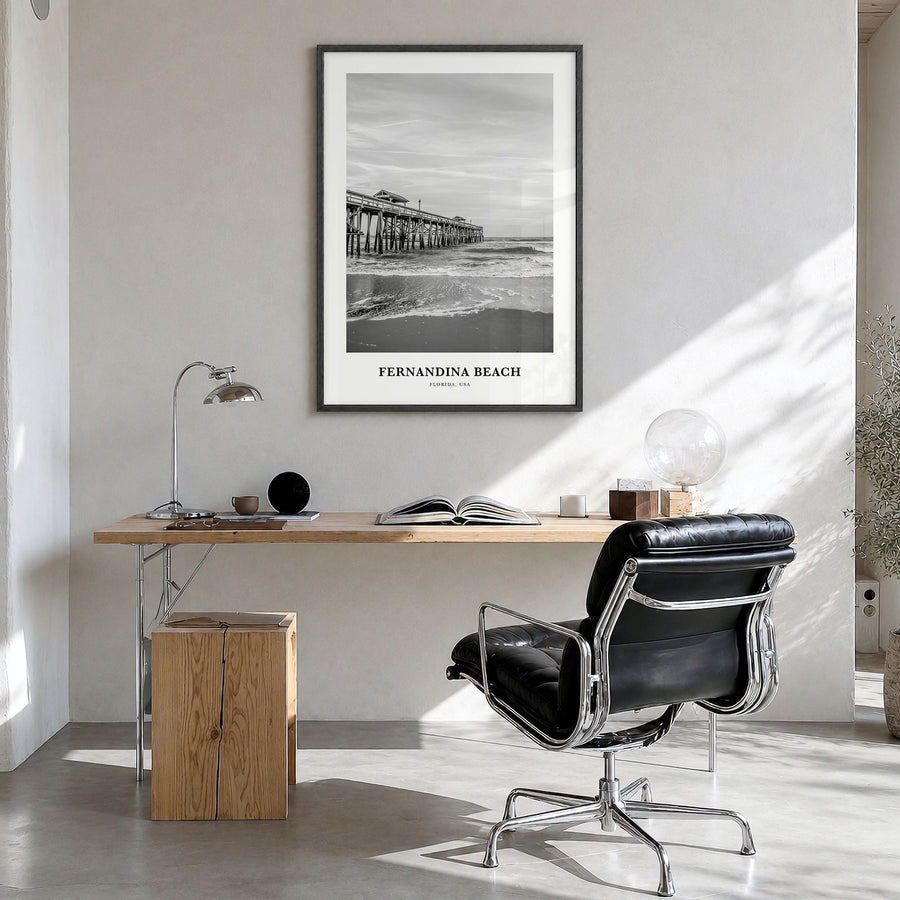 Fernandina Beach Classic Poster in a black wood frame, hanging in a bright home office