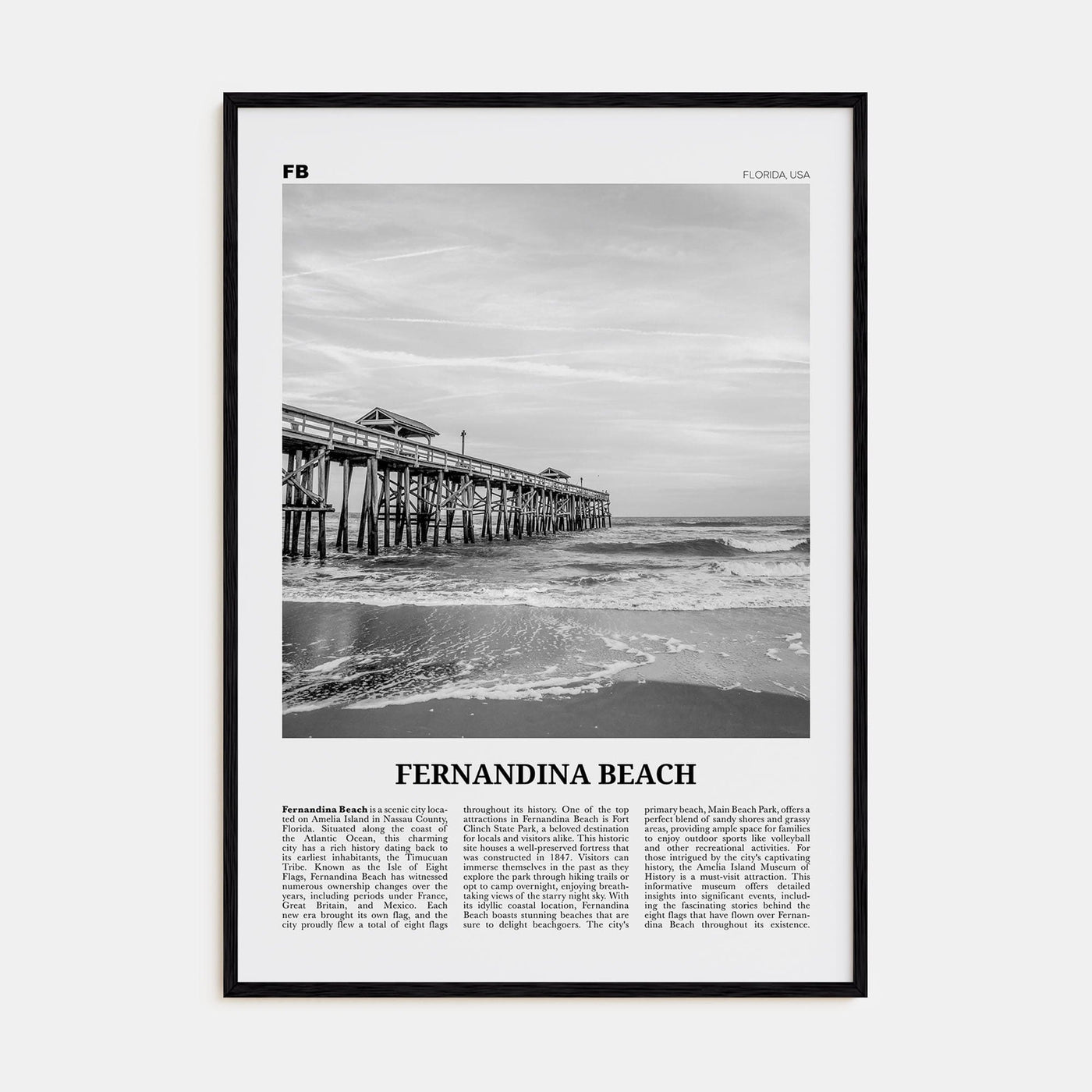 Fernandina Beach Poster Black Wood / 8x12 in Nbourhood Travel B&W Poster