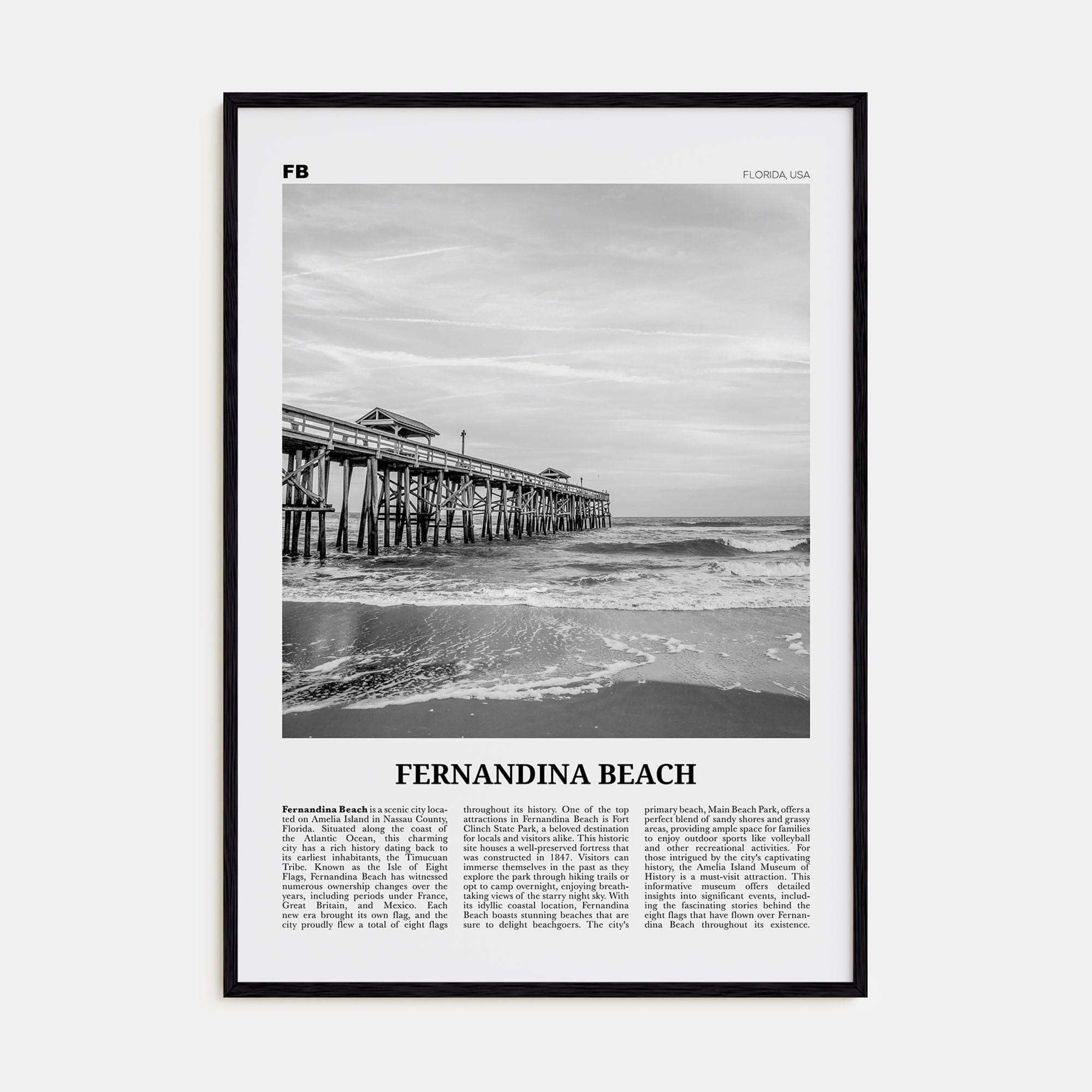 Fernandina Beach Poster Black Wood / 8x12 in Nbourhood Travel B&W Poster