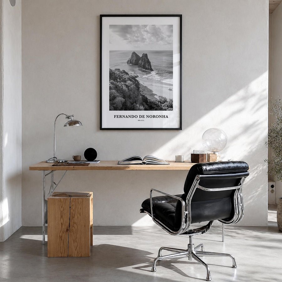Fernando de Noronha black & white classic poster of Brazil – vertical wall art in black wood frame, hanging on wall