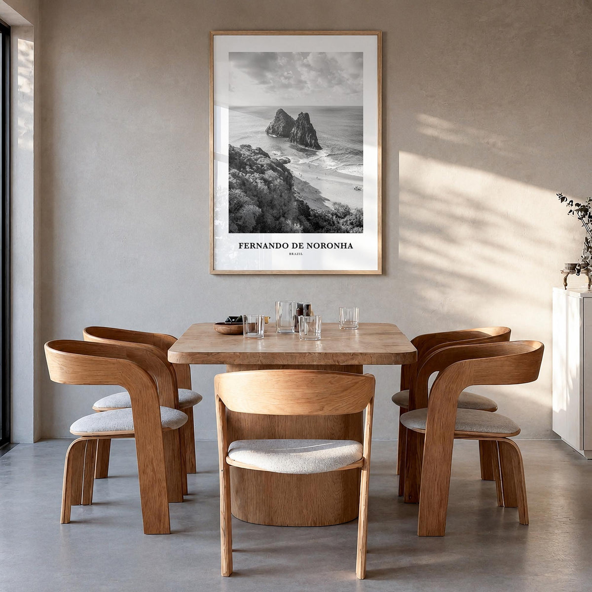 Fernando de Noronha black & white classic poster of Brazil – vertical wall art in natural wood frame, hanging on wall