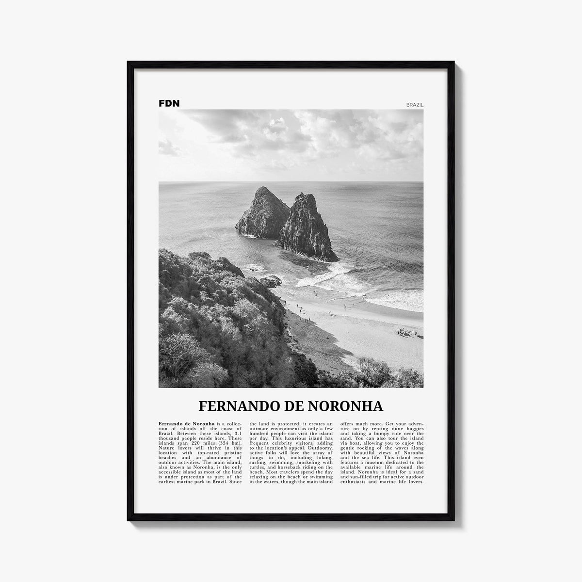 Fernando de Noronha black & white newspaper poster of Brazil – vertical wall art, unframed print shown in interior mockup