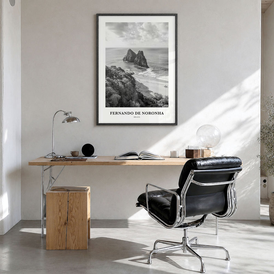 Fernando de Noronha Classic Poster in a black wood frame, hanging in a bright home office