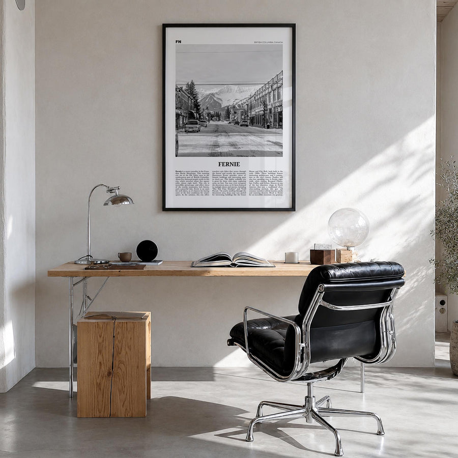 Fernie black & white newspaper poster of British Columbia, Canada – vertical wall art in black wood frame, hanging on wall