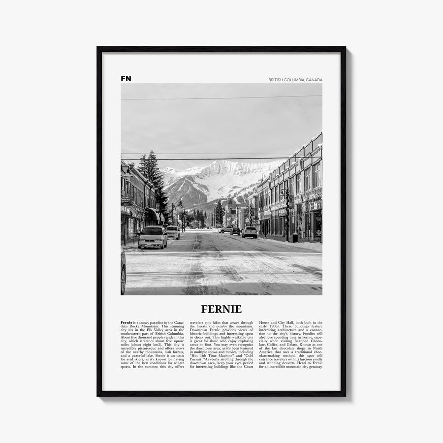 Fernie black & white newspaper poster of British Columbia, Canada – vertical wall art, unframed print shown in interior mocku