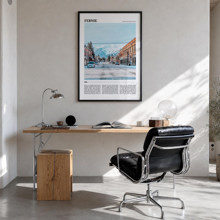 Fernie colorful travel poster of British Columbia, Canada – vertical wall art in black wood frame, hanging on wall