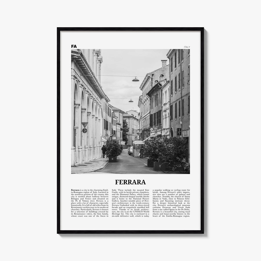 Ferrara black & white newspaper poster of Italy – vertical wall art, unframed print shown in interior mockup