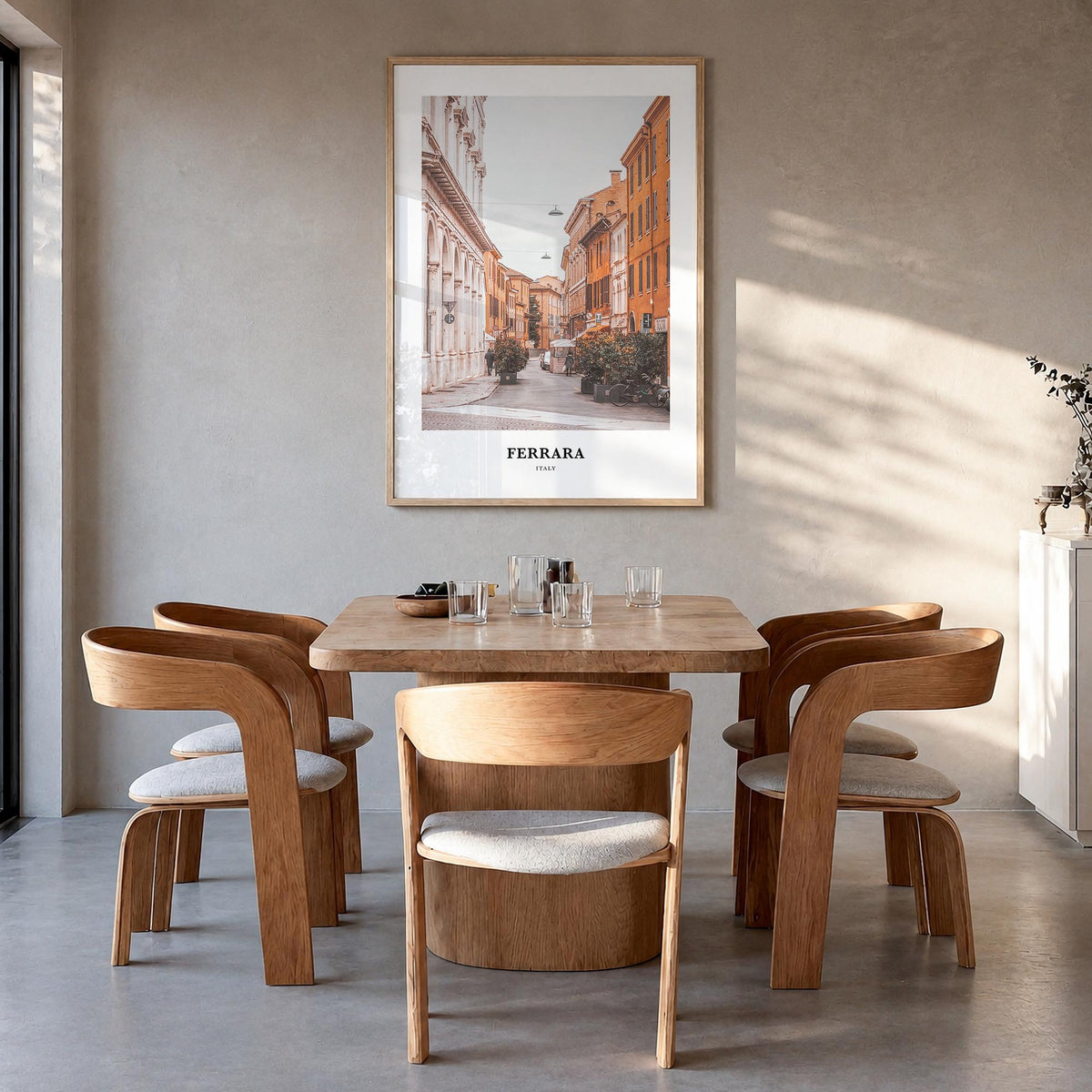 Ferrara colorful classic poster of Italy – vertical wall art in natural wood frame, hanging on wall