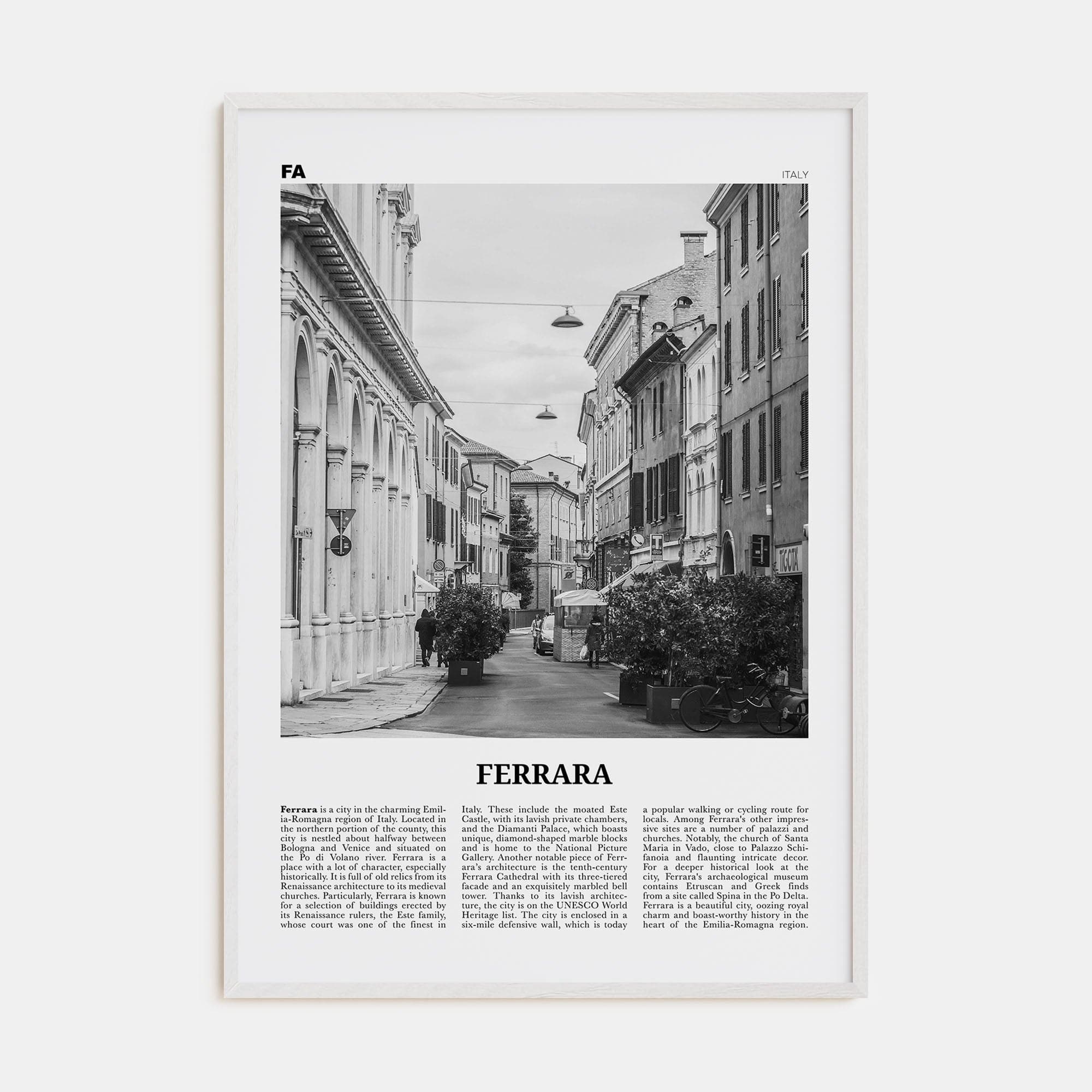 Ferrara Poster White Wood / 8x12 in Nbourhood Travel B&W Poster