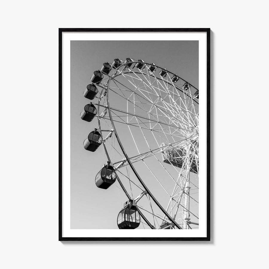 Ferris Wheel black & white photo poster – vertical wall art, unframed print shown in interior mockup