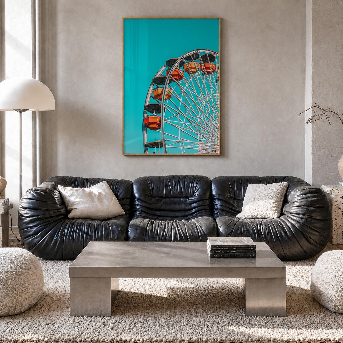 Ferris Wheel colorful photo poster – vertical wall art in natural wood frame, hanging on wall