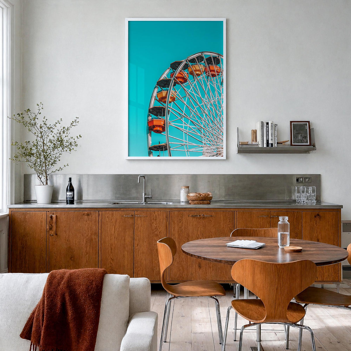 Ferris Wheel colorful photo poster – vertical wall art in white wood frame, hanging on wall