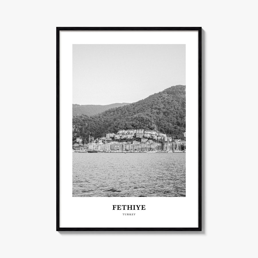 Fethiye black & white classic poster of Türkiye – vertical wall art, unframed print shown in interior mockup