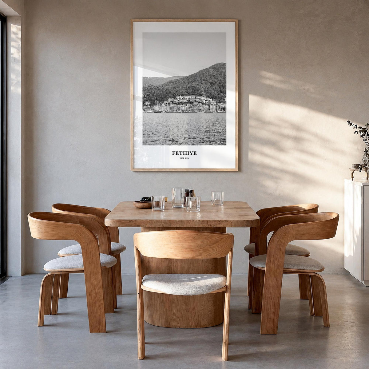 Fethiye black & white classic poster of Türkiye – vertical wall art in natural wood frame, hanging on wall